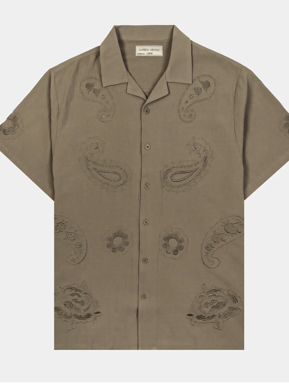 Floral Paisley Linen Weave Button Up Camp Collar shirt Large Taupe Resort